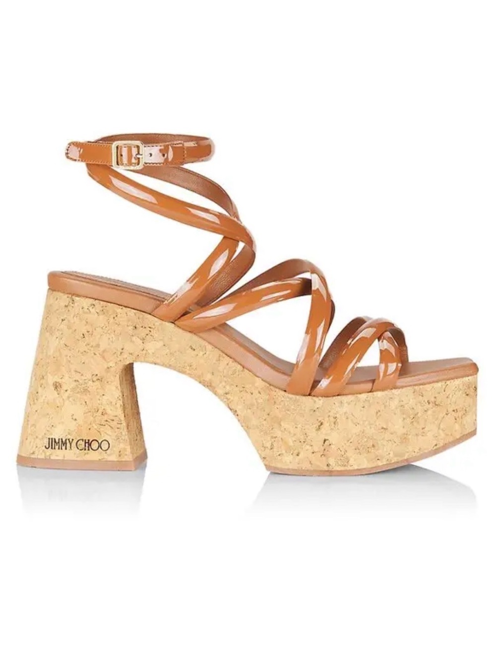 Jimmy Choo Cecelia 95 Tan Patent Cork Platform Strappy Sandals 36.5 NWT